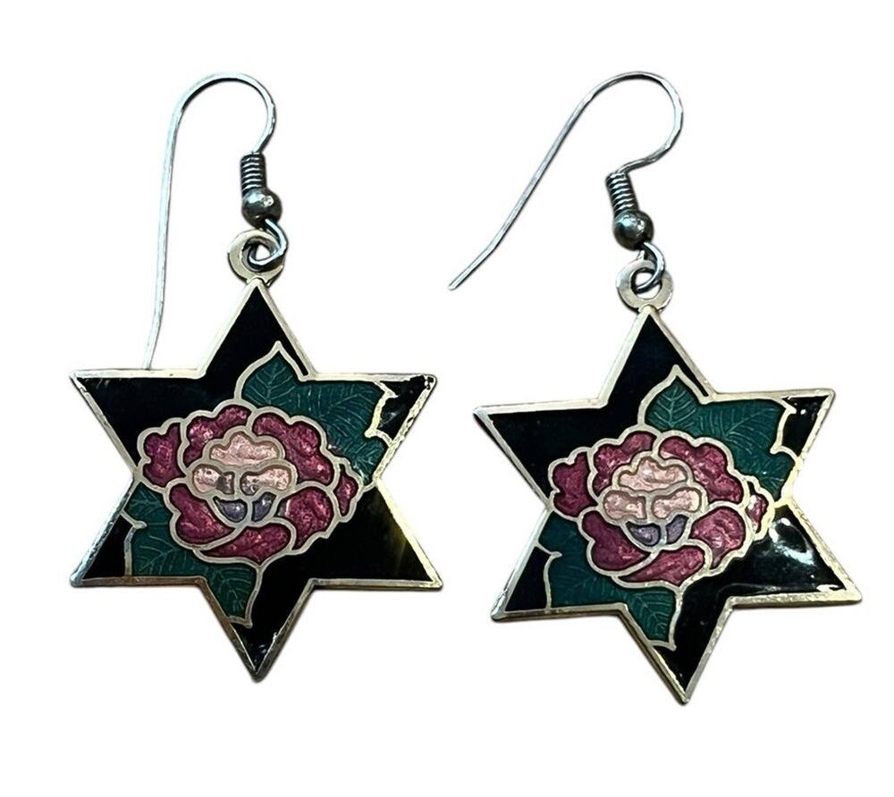 VTG Cloisonné Enamel Earrings Stars Black Roses 1 7/8” Gold Colored Metal 1980s